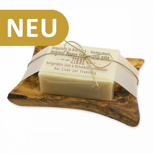 Soap set 100g cold-stirred on olivewood soap dish "Love for tradition"