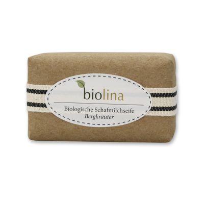 Biolina sheep milk soap 100g packed in a brown paper with a ribbon, Mountain herbs 