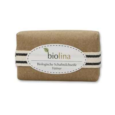 Biolina sheep milk soap 100g packed in a brown paper with a ribbon, Vetiver 