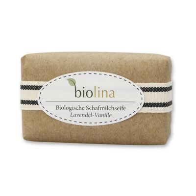 Biolina sheep milk soap 100g packed in a brown paper with a ribbon, Lavender Vanilla 