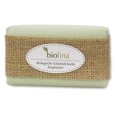 Biolina sheep milk soap 200g packed in a green paper with a ribbon, Mountain herbs 