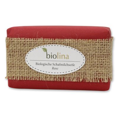 Biolina Schafmilchseife 200g verpackt mit rotem Papier und Juteband, Rose 