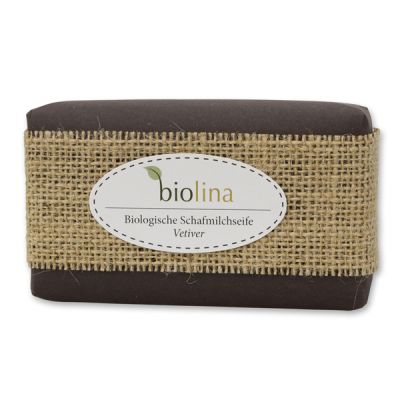 Biolina sheep milk soap 200g packed in a grey paper with a ribbon, Vetiver 