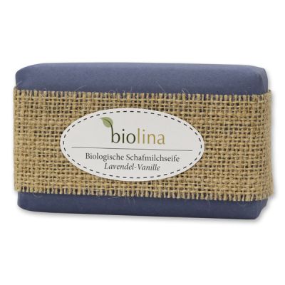 Biolina sheep milk soap 200g packed in a blue paper with a ribbon, Lavender vanilla 