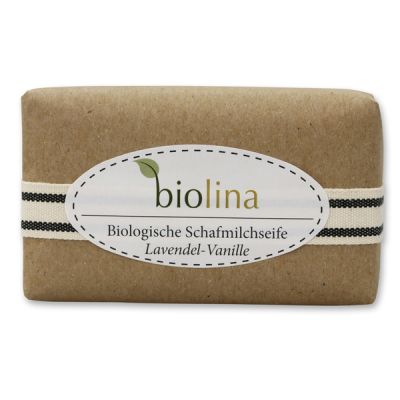 Biolina sheep milk soap 200g packed in a brown paper with a ribbon, Lavender vanilla 