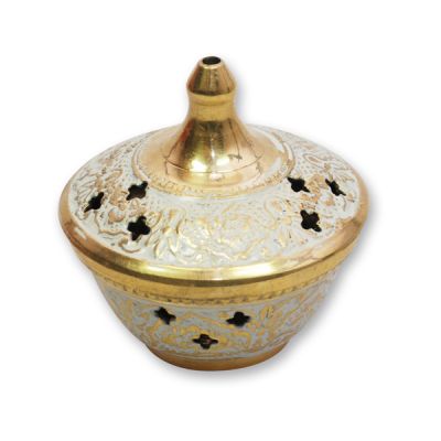 Incense vessel, 8x8cm brass, white, removable cap and lattice 