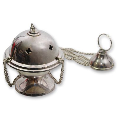 Incense vessel, with chain 25cm, brass silver-coated, removable cap and lattice 