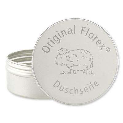 Schraubdeckeldose aus Aluminium mit Dichtungseinlage und Lasergravur Duschseife, 100ml 