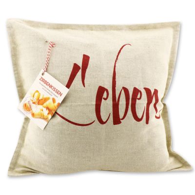 Swiss pine pillow 40x40cm with motto 'Leben' filled with swiss pine shavings 