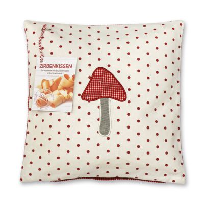 Swiss pine pillow 30x30cm with a mushroom motive filled with swiss pine shavings 