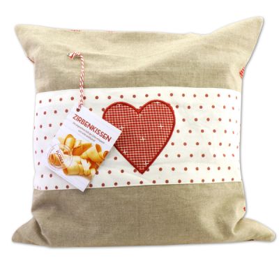 Swiss pine pillow 40x40cm with a red/grey heart motive filled with swiss pine shavings 