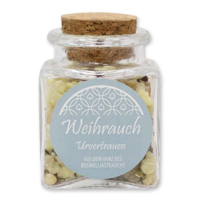 Incense mix 25g in a square glass jar with a plug cork, "Urvertrauen" 