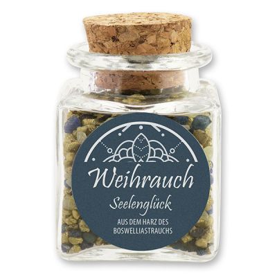 Incense 30g in a square glass jar with a plug cork, "Seelenglück" 