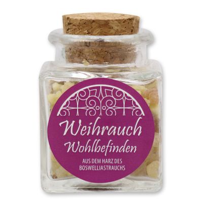 Incense mix 25g in a square glass jar with a plug cork, "Wohbefinden" 
