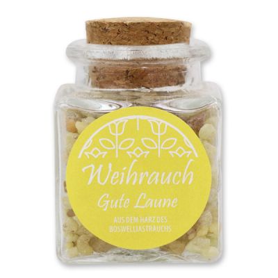 Incense mix 25g in a square glass  jar with a plug cork, "Gute Laune" 