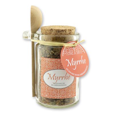 Myrrh 70g in a glass with cork and a wooden spoon decorated, "Pure Myrrh" 