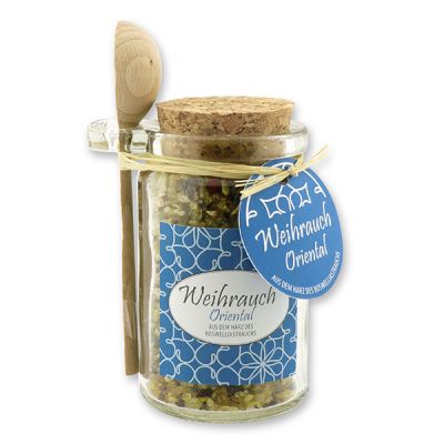 Insence mix 70g in a glass with cork and a wooden spoon decorated, "Oriental" 