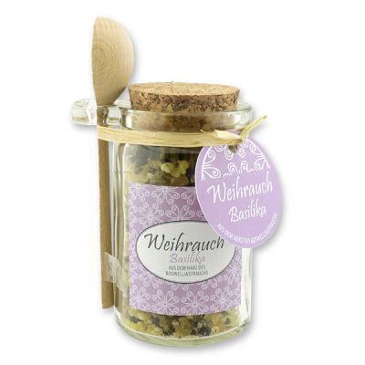 Insence mix 70g in a glass with cork and a wooden spoon decorated, "Basilika" 