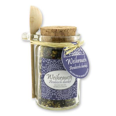 Insence mix 70g in a glass with cork and a wooden spoon decorated, "Arabisch dunkel" 