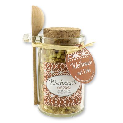 Insence mix 70g in a glass with cork and a wooden spoon decorated, Incense with swiss pine 