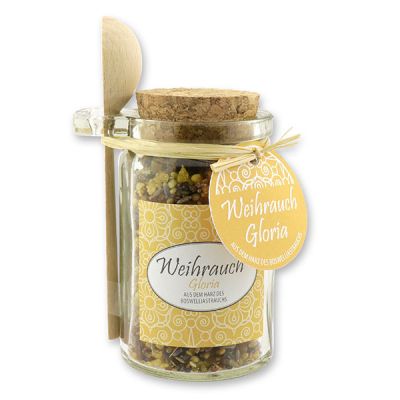 Insence mix 70g in a glass with cork and a wooden spoon decorated, "Gloria" 