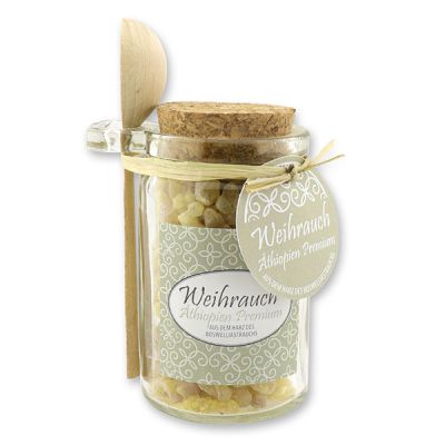 Incense 70g in a glass with cork and a wooden spoon decorated, "Äthiopien Premium" 