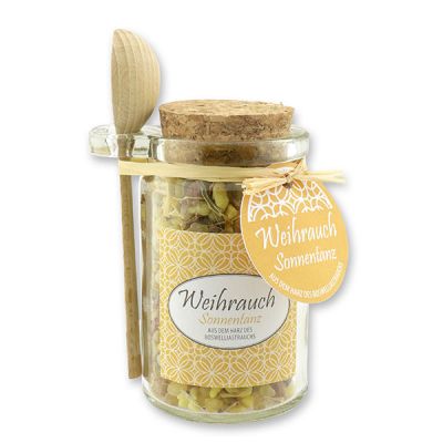 Insence mix 70g in a glass with cork and a wooden spoon decorated, "Sonnentanz" 