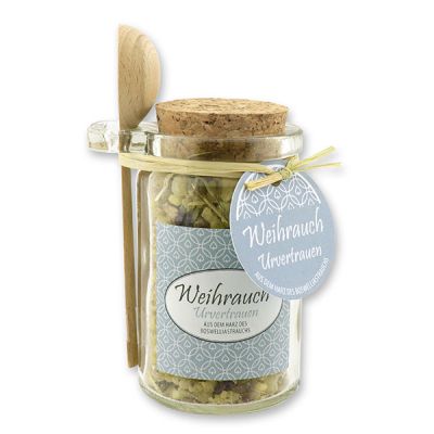Insence mix 70g in a glass with cork and a wooden spoon decorated, "Urvertrauen" 