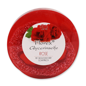 Handgemachte Glyzerinseife mit Luffa 100g in Folie mit Aufkleber, Rose rot 
