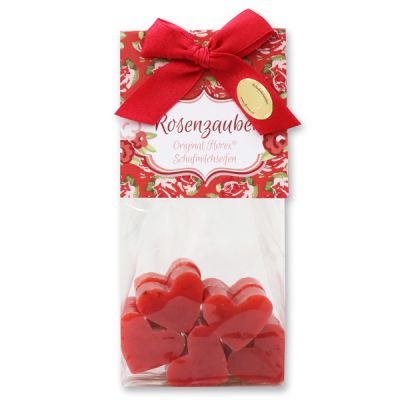Sheep milk soap heart 10x8g in a cellophane bag "Rosenzauber", Rose with petals 