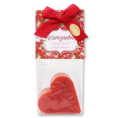 Sheep milk soap heart 85g in a cellophane bag "Rosenzauber", Rose with petals 