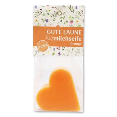 Sheep milk soap heart 85g in a cellophane bag "Gute Laune", Orange 