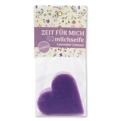 Sheep milk soap heart 85g in a cellophane bag "Zeit für mich", Lavender-lime 