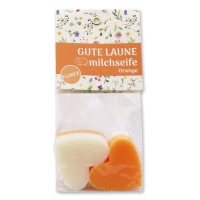 Sheep milk soap heart 4x23g in a cellophane bag "Gute Laune", Classic/Orange 