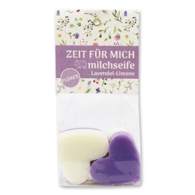 Sheep milk soap heart 4x23g in a cellophane bag "Zeit für mich", Classic/Lavender-lime 
