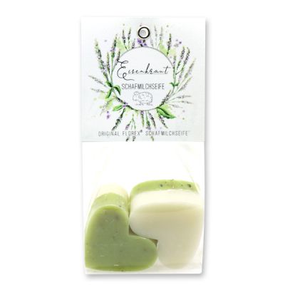 Sheep milk soap heart 4x23g in a cellophane bag "Einzigartige Augenblicke", Classic/Verbena 