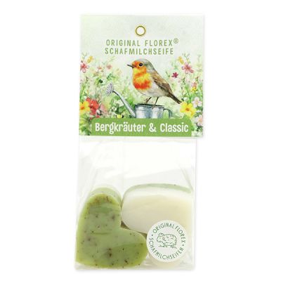 Schafmilchseife Herz mittel 4x23g in Cello "Naturzauber Motiv 10", Bergkräuter 