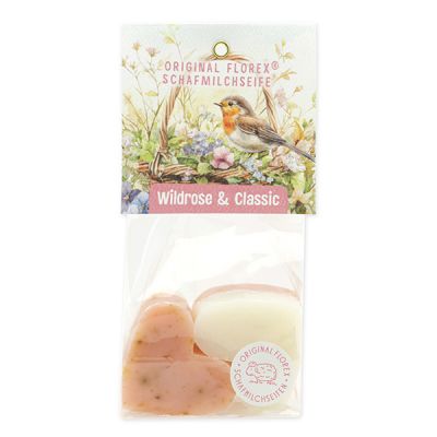 Schafmilchseife Herz mittel 4x23g in Cello "Naturzauber Motiv 11", Wildrose mit Blüten 