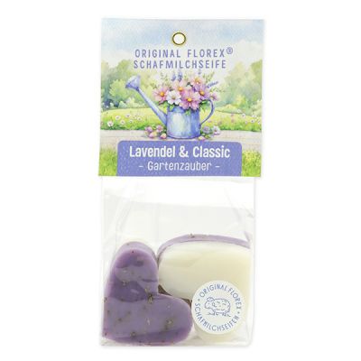 Schafmilchseife Herz mittel 4x23g in Cello "Gartenzauber Motiv 4", Lavendel 