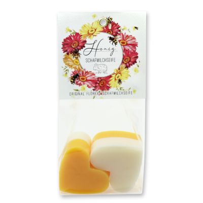 Sheep milk soap heart 4x23g in a cellophane bag "Einzigartige Augenblicke", Classic/Honey 