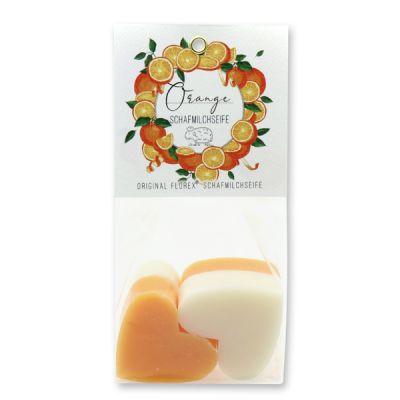 Sheep milk soap heart 4x23g in a cellophane bag "Einzigartige Augenblicke", Classic/Orange 