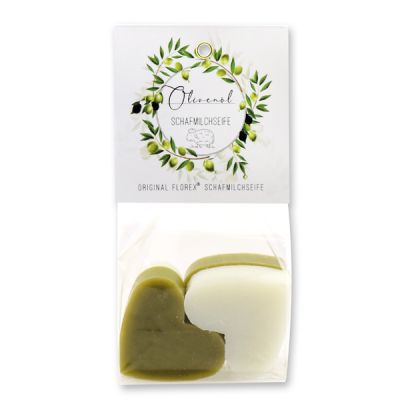 Sheep milk soap heart 4x23g in a cellophane bag "Einzigartige Augenblicke", Classic/Olive oil 
