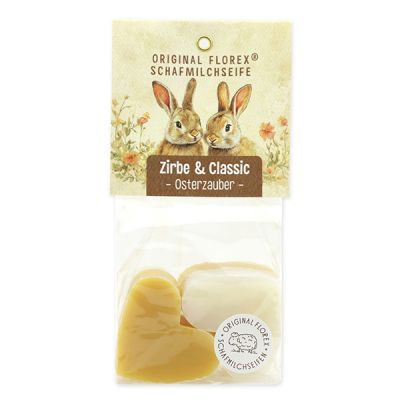 Schafmilchseife Herz mittel 4x23g in Cello "Osterzauber Motiv 1", Zirbe 