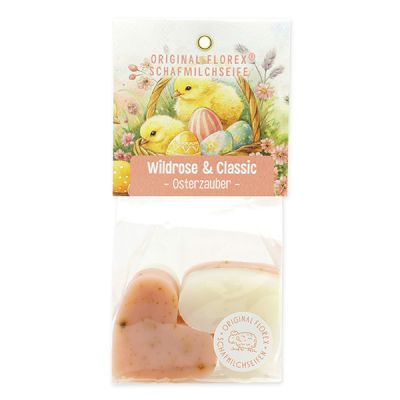 Schafmilchseife Herz mittel 4x23g in Cello "Osterzauber Motiv 10", Wildrose mit Blüten 