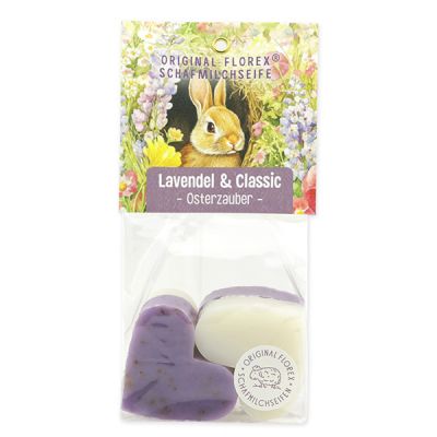 Schafmilchseife Herz mittel 4x23g in Cello "Osterzauber Motiv 6", Lavendel 