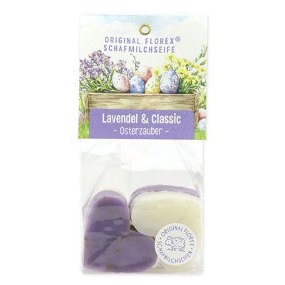 Schafmilchseife Herz mittel 4x23g in Cello "Osterzauber Motiv 7", Lavendel 