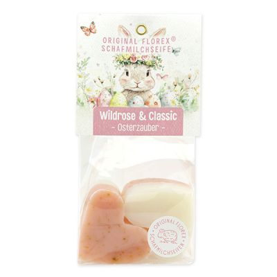 Schafmilchseife Herz mittel 4x23g in Cello "Osterzauber Motiv 9", Wildrose mit Blüten 