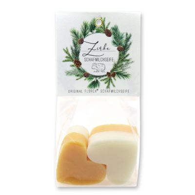 Sheep milk soap heart 4x23g in a cellophane bag "Einzigartige Augenblicke", Classic/Swiss pine 