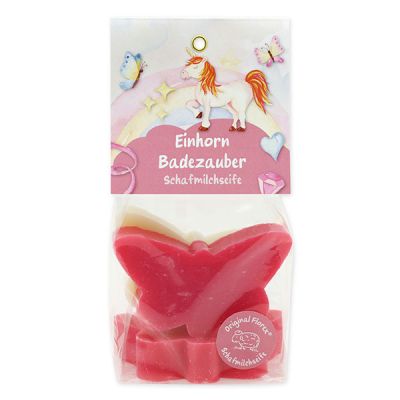 Sheep milk soap butterfly 3x38g in a cellophane bag "Einhorn Badezauber", Flower magic/ Sheep sensitive 