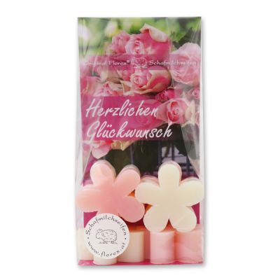 Sheep milk soap marguerite 6x15g in a cellophane bag "Herzlichen Glückwunsch", Classic/Peony 